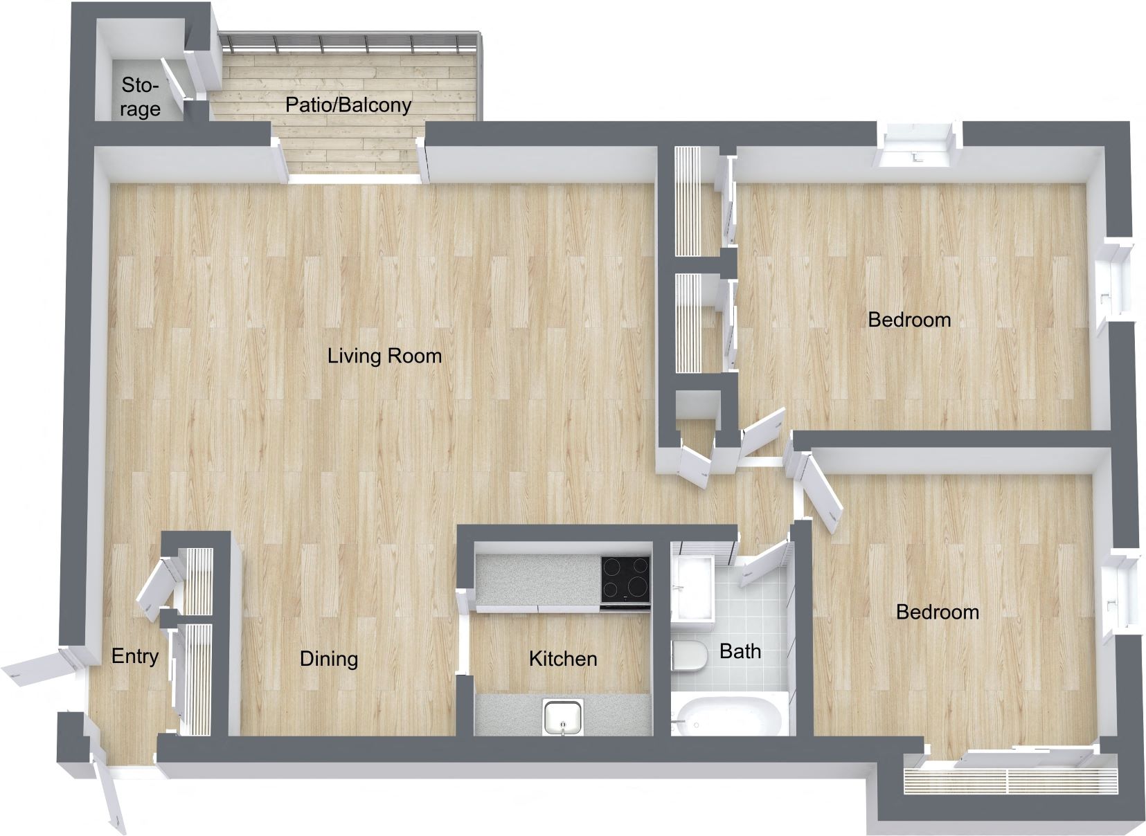 Floor plan for 2 beds, 1 bath, 950 sqft